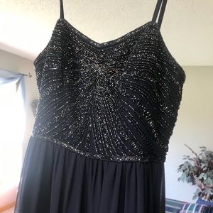 David’s Bridal Navy long beaded bridesmaid dress